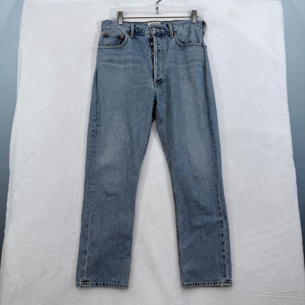 Agolde High Rise Straight Leg Jeans in Light Blue Wash